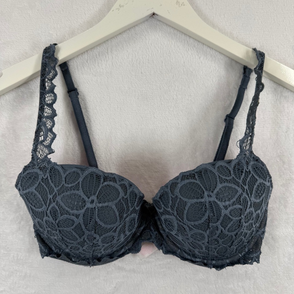PINK Victoria's Secret Date Push-Up Bra Dark Gray‎ Floral Lace Underwire 32D